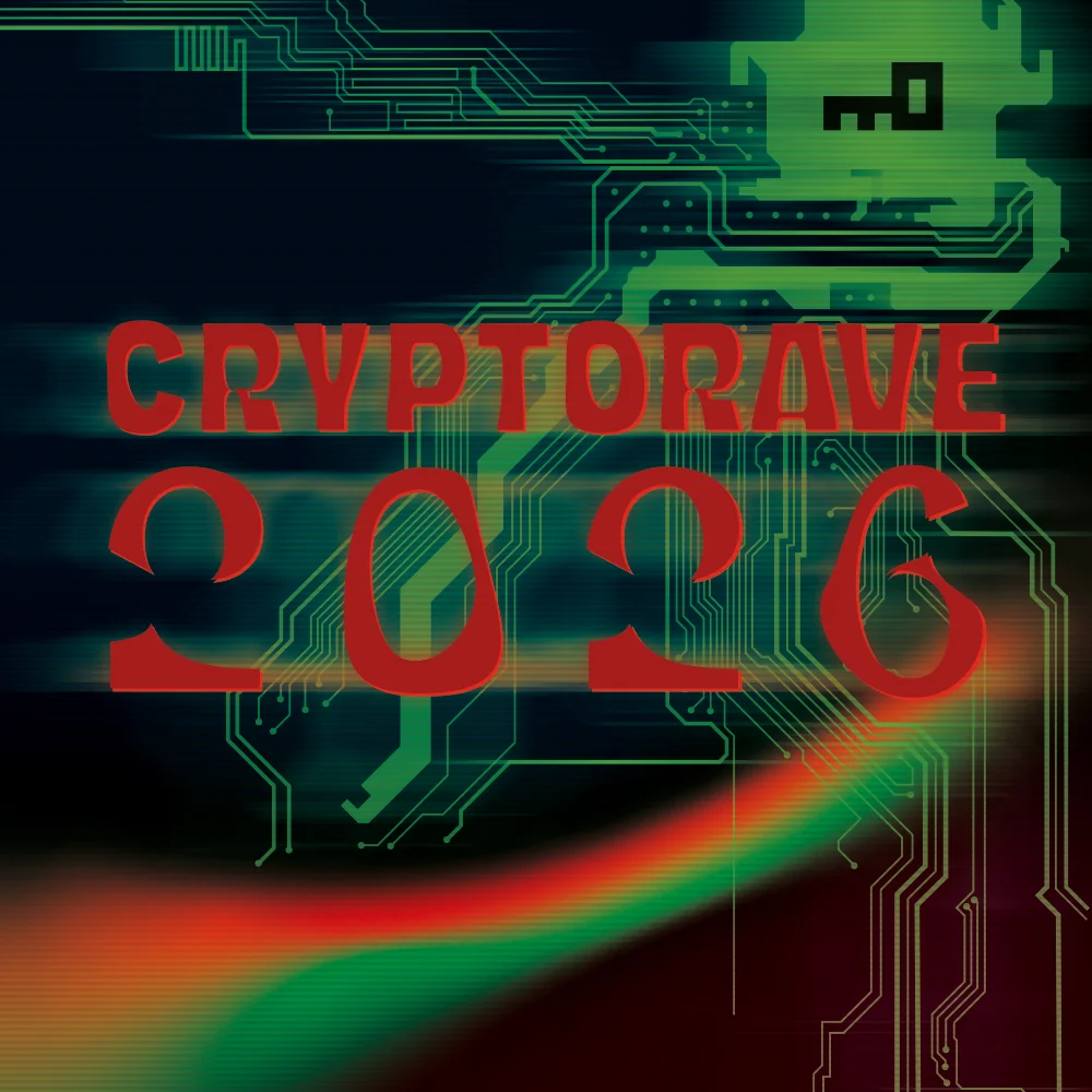 Logo da CryptoRave 2025: a palavra 'Cryptorave' escrita na parte superior com o desenho de uma chave em cima da letra 'O'. Ao lado direito uma sequência de zeros e ums. Abaixo da palavra 'Cryptorave' há um olho com folhas saíndo de trás. O logo todo está na cor verde limão.